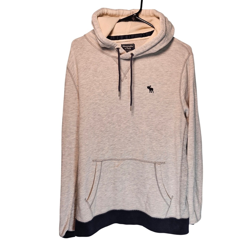 Abercrombie & Fitch Mens Gray Navy Blue Moose Logo‎ Thermal Lined Hoodie Large
